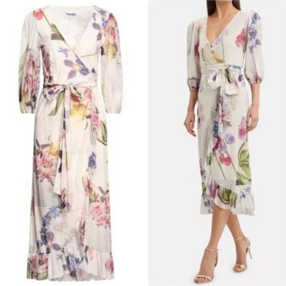 GANNI Tilden Floral Wrap Dress Long Sleeve Sheer Mesh Ruffle Midi Boho Feminine‎